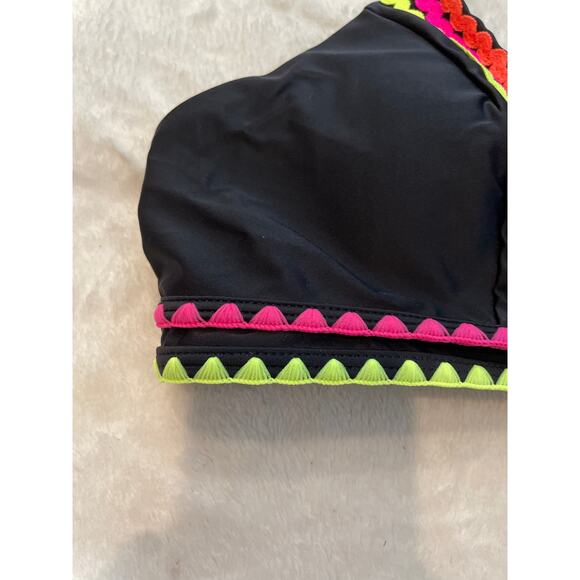 NWT POPVIL High Waisted Cut Cheeky Two Piece Swimsuit Medium Black Neon Shell - Picture 11 of 14